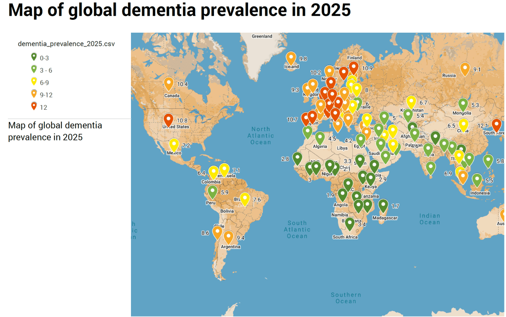 Global map showing dementia prevalence