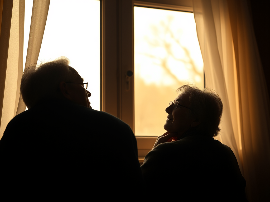A wrinkled hand holding an old, faded photograph of a young couple happily posing under autumn foliage