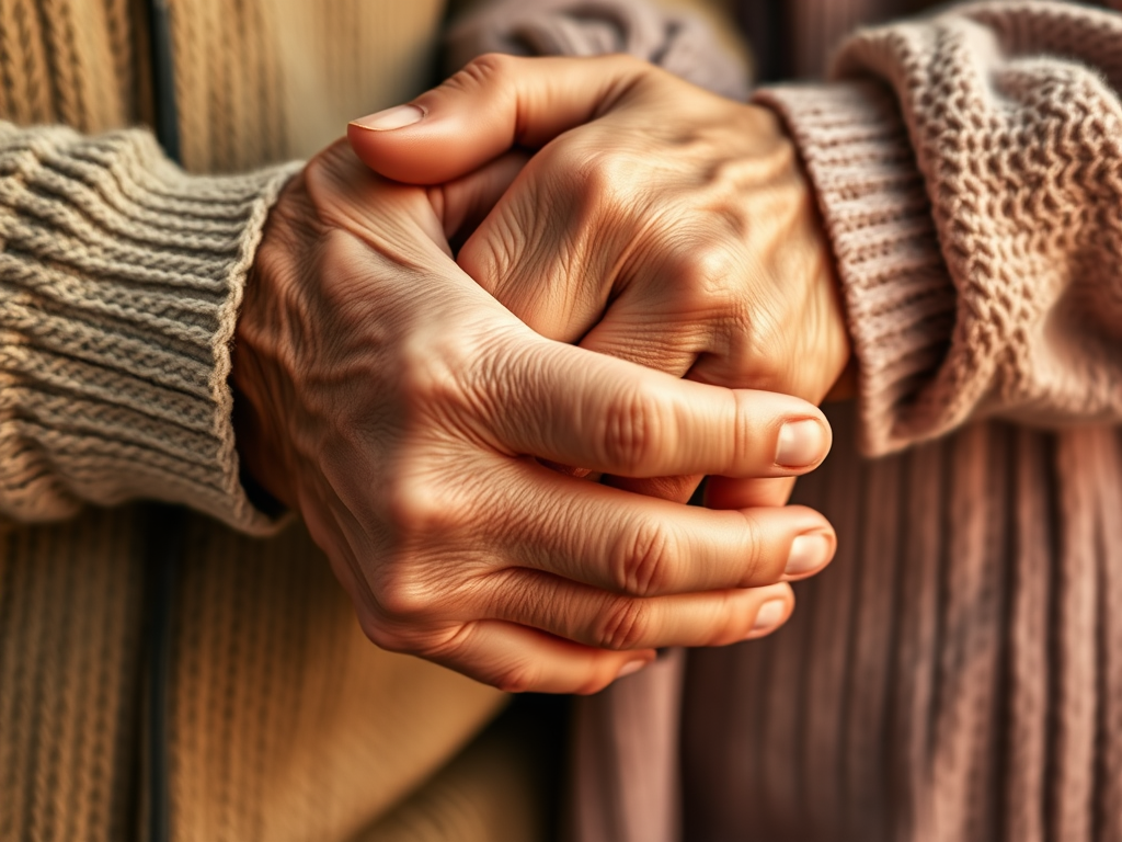 Close-up of an elderly couple's two wrinkled hands holding each other tightly, symbolizing love and hope